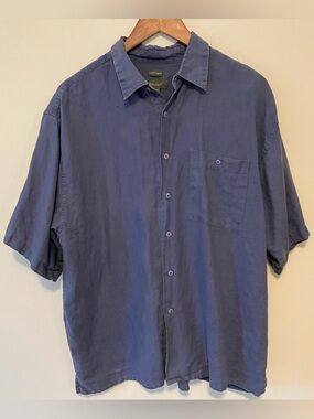 Men’s  100% Linen Shirt XL Blue Short Sleeve Button Front Casual Bruno Casual